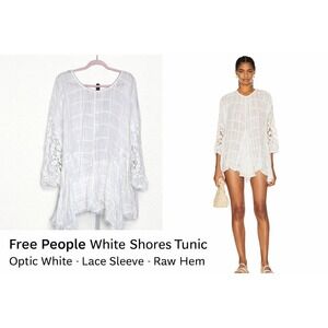 Free People White Shores Tunic Optic White Gauze Lace Sleeve Boho Top Small